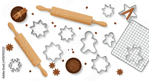 Baking Supplies and Cookie Cutters for Festive Baking, Generative AI.