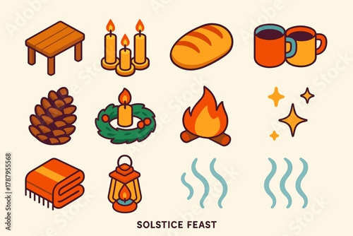 Solstice Feast Icons. Solstice Feast modern flat icon set: wooden table, candles, bread loaf, mugs, pinecone, wreath centerpiece, firelight, stars, blanket, lantern, steam, cozy