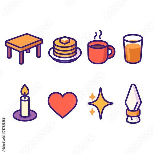 Festive Breakfast Icons. New Year Morning Gathering modern flat icon set: shared table, warm pancakes, coffee cup, juice glass, candle flame, heart, star sparkle, napkin ring.
