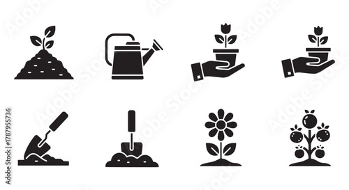 Gardening Icons Seedlings, Tools, and Blooming Flowers in Black Silhouette