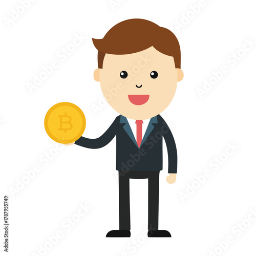 A cheerful businessman holding a bitcoin isolated on white background, representing cryptocurrency