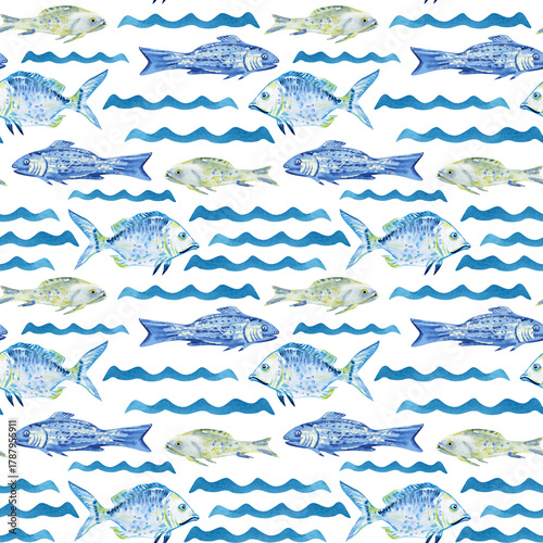 Fish swimming on the sea waves seamless  nautical pattern