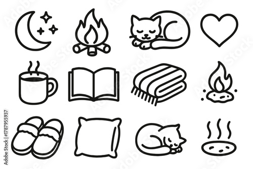 Cozy Evening Icons. Evening Companionship outline icon set: moonlight, warm fire, sleeping pet, cup of tea, open book, wool blanket, glowing ember, cozy slippers, soft pillow,