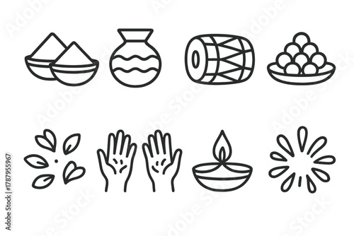 Holi Festival Icons. Traditional Holi Symbols outline icon set: bowls of gulal, water pot, festival drum, sweets plate, flower petals, colored hands, diya lamp, bright splash.