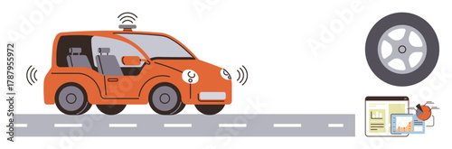 Self-driving car on street with signal indicators, spare tire, and mobile ride-hailing interface. Ideal for innovation, technology, mobility, transport, automation, connectivity and efficiency in