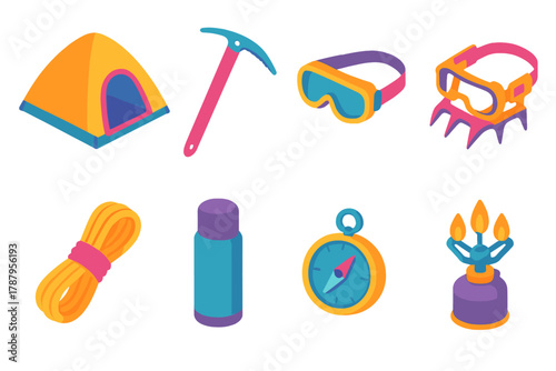 Arctic Gear Icons. Arctic Survival Gear modern flat icon set: insulated tent, ice axe, snow goggles, crampons, rope coil, thermal flask, map compass, camp stove.