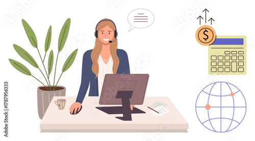 Woman wearing headset at desk, engaging in customer support. Nearby are a plant, calculator with financial growth symbols, and globe icon. Ideal for service, finance, growth, communication global