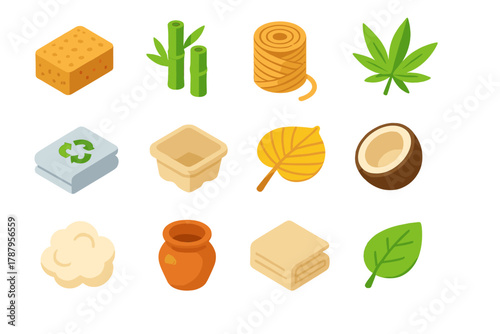 Eco-Material Icons. Natural Material Collection modern flat icon set: cork, bamboo, jute, hemp, recycled cotton, paper pulp, palm leaf, coconut shell, wool fiber, clay pot, linen