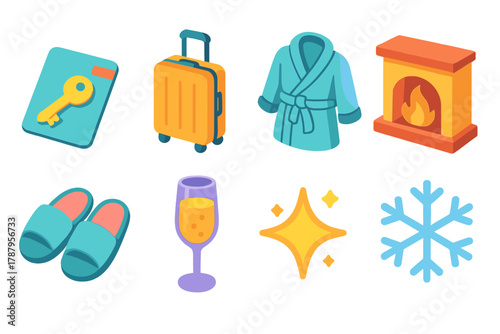 Modern Getaway Icons. Exclusive Getaway modern flat icon set: keycard, suitcase, robe, slippers, fireplace, champagne glass, sparkle, snowflake.