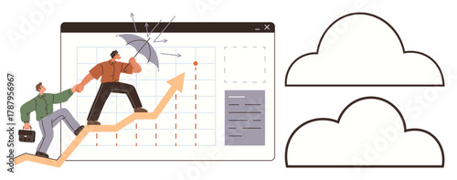 Two people embracing teamwork climb upward arrow while one shields with umbrella, symbolizing progress and protection. Ideal for business growth, leadership, risk management, financial planning