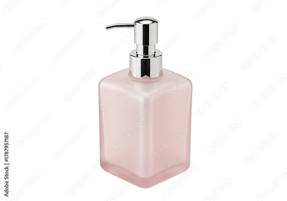 Fototapeta premium Isolated pink square soap dispenser with chrome pump for bathroom or kitchen use