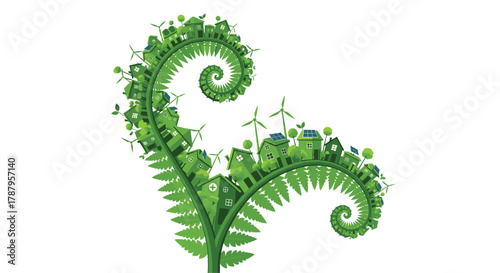 Green City Growing on a Fern Leaf, Generative AI.