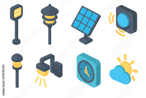 Outdoor LED Icons. Outdoor LEDs modern flat icon set: streetlight, garden lamp, solar panel, motion sensor, path light, wall mount, timer, weather icon.