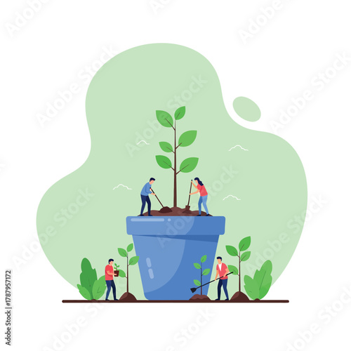 Team collaborates planting growth in large blue pot symbolizing business development and fresh ideas