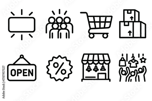 Retail Frenzy Icons. Retail Rush Hour outline icon set: flashing SALE text, shopping crowd, trolley, stacked boxes, open sign, discount badge, store lights, festive chaos.