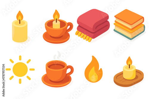 Cozy Isometric Icons. Cozy Candle Corners modern flat icon set: glowing candle, ceramic holder, soft blanket, stacked books, warm light, cup of tea, gentle flame, wooden tray.