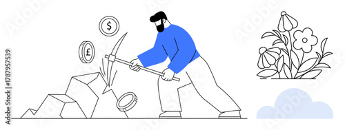 Worker breaks rocks with pickaxe releasing coins, accompanied by flowers and clouds. Ideal for economy, investment, mining, growth, sustainability, labor and resource themes. Simple flat metaphor