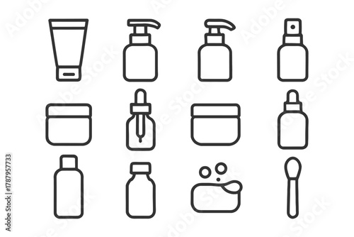 Simple skincare icons: creams, bottles, droppers, soap, and spoon.