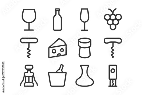 Wine and cheese icons: glasses, bottles, grapes, corkscrews, cheese.