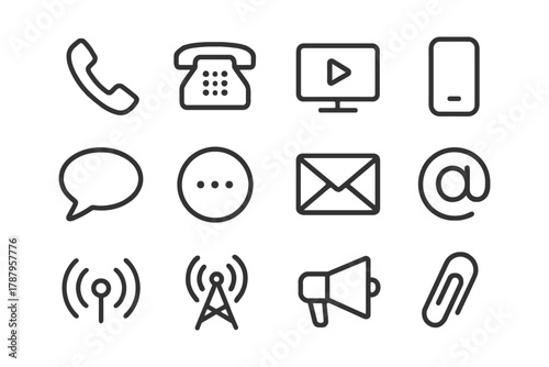 Communication icons set: phone, email, media, internet, broadcasting.