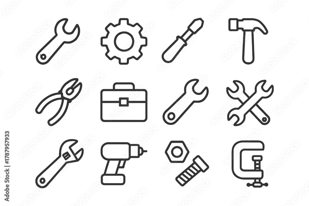 Obraz premium Set of tool icons including wrench, gear, screwdriver, and hammer.