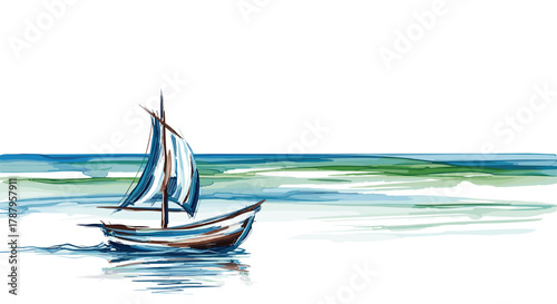 Watercolor painting of a sailboat on the ocean, Generative AI.