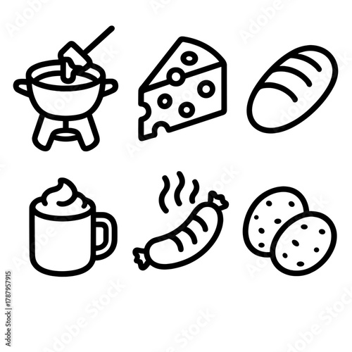 Alpine Comfort Foods Icons. Alpine Comfort Foods outline icon set: fondue pot, cheese wedge, bread loaf, hot chocolate mug, sausage, potatoes.