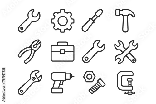 Set of tool icons including wrench, gear, screwdriver, and hammer.