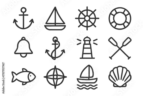 Nautical icons set: anchor, sailboat, lighthouse, fish, shell, bell, oars, wheel, life ring.