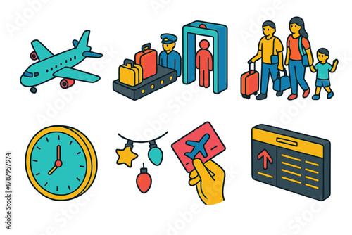 Airport Holiday Icons. Airport Holiday Rush modern flat icon set: airplane icon, luggage line, security checkpoint, family travelers, clock countdown, holiday lights, ticket in