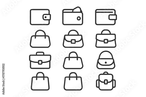Minimalist line icons of wallets, handbags, and backpacks.