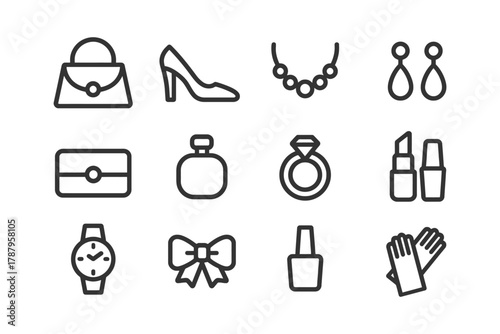 Set of fashion accessories icons: handbag, shoes, jewelry, makeup, watch.