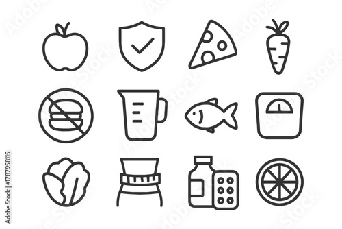 Healthy lifestyle icons: food, fitness, and wellness symbols in line art.