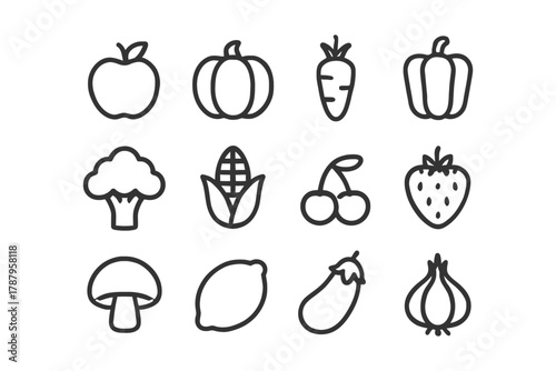 Outline icons of fruits and vegetables: apple, pumpkin, carrot, pepper, broccoli, corn, cherry, strawberry, mushroom, lemon, eggplant, onion.