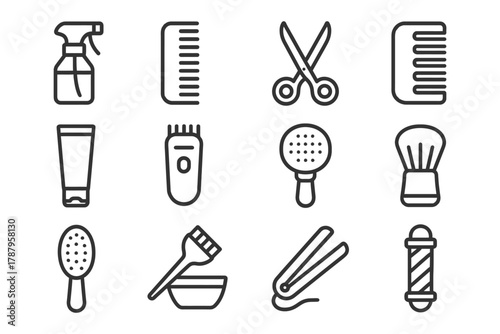 Essential barbershop and hair salon tools: scissors, clippers, combs, brushes.