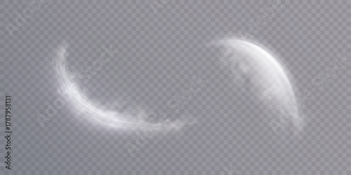 Curved glowing smoke trails forming soft crescent vortex shapes on transparent background. White mist light effect for fantasy scenes, magic overlays and decorative design.