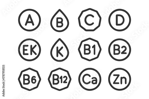 Essential vitamins and minerals icons set including a, b, c, d, k, b1, b2, b6, b12, calcium, zinc.