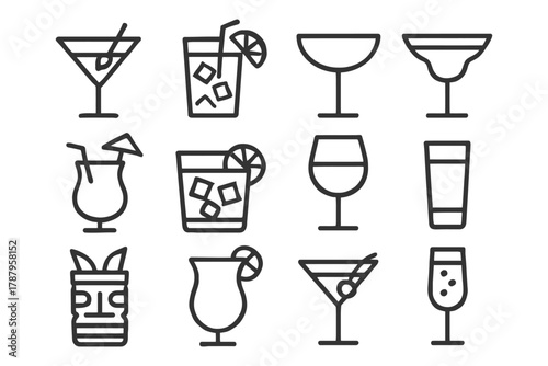 Stylized cocktail glass icons set in black and white.