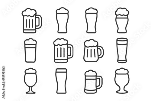 Assorted beer glass icons with foam toppers on white background.