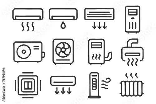Air conditioning and heating icons set for climate control solutions.