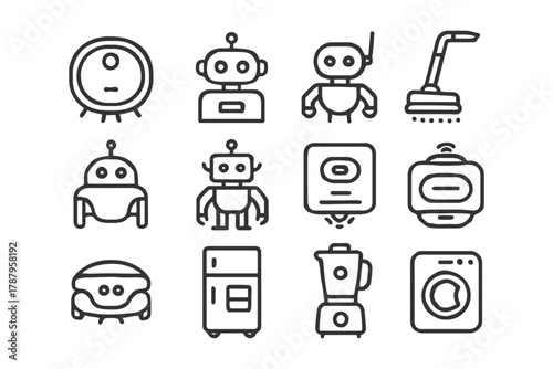 Collection of robot and appliance icons including vacuum, blender, and washer.