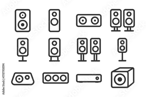Black line art speaker collection with various sound system designs.
