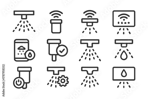 Smart home sprinkler system line icons for irrigation and water management.