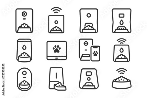 Smart pet feeders: icon set of automatic food dispensers with technology features.