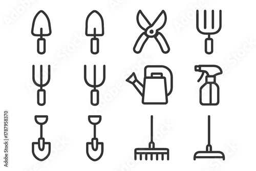 Line art icons of garden tools: shovels, pruners, forks, watering can, spray bottle, rakes.