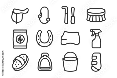 Outline icons of horse grooming equipment and tools for equine care.