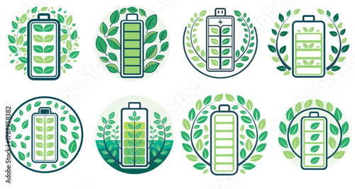Various battery icons filled with green leaves represent concepts of sustainability and renewable energy. The designs showcase nature's role in powering the future, promoting eco-friendly living.