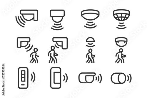 Security camera and motion sensor icons for surveillance and detection systems.