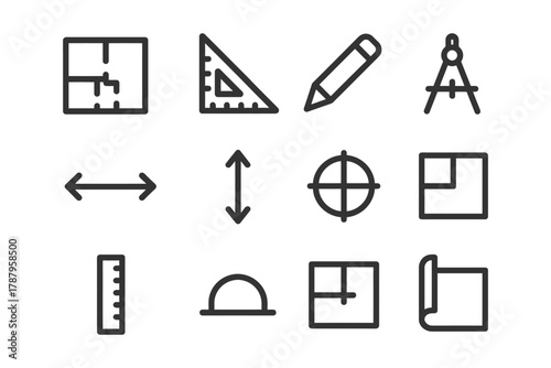 Geometric drawing tools icons set for design and measurement.
