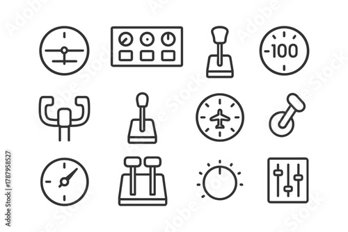 Line art icons of aviation instruments and aircraft controls in cockpits.